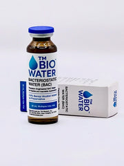 The SyringesNeedlesDepot TM BioWater™ - Bacteriostatic Water (BAC) 30mL glass vial comes in a box with a blue cap and is commonly used for peptide reconstitution and prescription injectable applications.