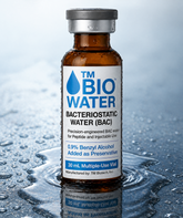 A 30mL sterile amber glass vial of TM BioWater™ - Bacteriostatic Water (BAC) by SyringesNeedlesDepot, with 0.9% benzyl alcohol, stands upright on a wet reflective surface—perfect for peptide reconstitution.