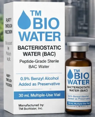A 30mL glass vial of TM BioWater™ - Bacteriostatic Water (BAC) by SyringesNeedlesDepot, containing 0.9% benzyl alcohol for peptide reconstitution, is shown beside its product box.