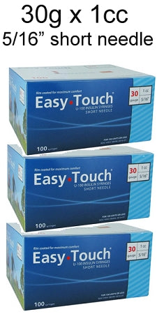 Three boxes of MHC EasyTouch Insulin Syringes 1cc (1ml) x 30G x 5/16" - 3 BOXES (300 SYRINGES) for injections.