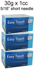 Three boxes of MHC EasyTouch Insulin Syringes 1cc (1ml) x 30G x 5/16" - 3 BOXES (300 SYRINGES) for injections.