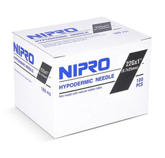 A box of Nipro Hypodermic Needle 22G x 1" (50 Pack) on a sterile white background.