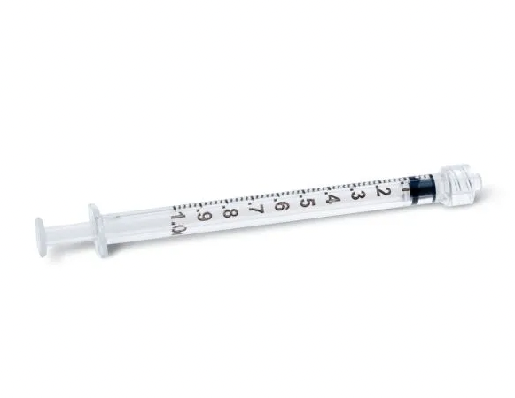 A Nipro 1cc (1mL) 25 x 1" LUER LOCK Syringe and Hypodermic Needle Combo (50 pack) with luer lock mechanism on a white background.