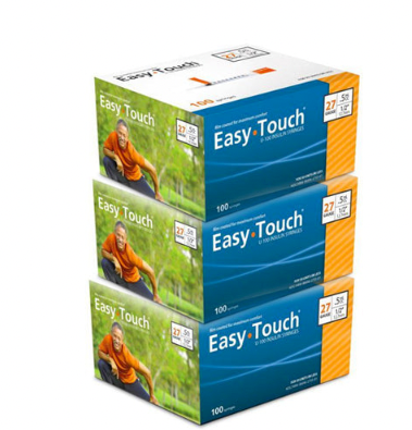 Three boxes of MHC EasyTouch Insulin Syringes 1cc (1ml) x 27G x 1/2" - 3 BOXES (300 SYRINGES) on a white background.