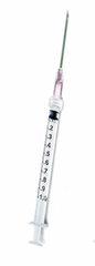 A Nipro 1cc (1ml) 18G x 1" LUER LOCK Syringe and Hypodermic Needle Combo (50 pack) with a hypodermic needle attached to it.