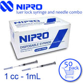 1cc (1ml) 27G x 1/2" Luer-Lock Syringe & Hypodermic Needle Combo (50 pack)