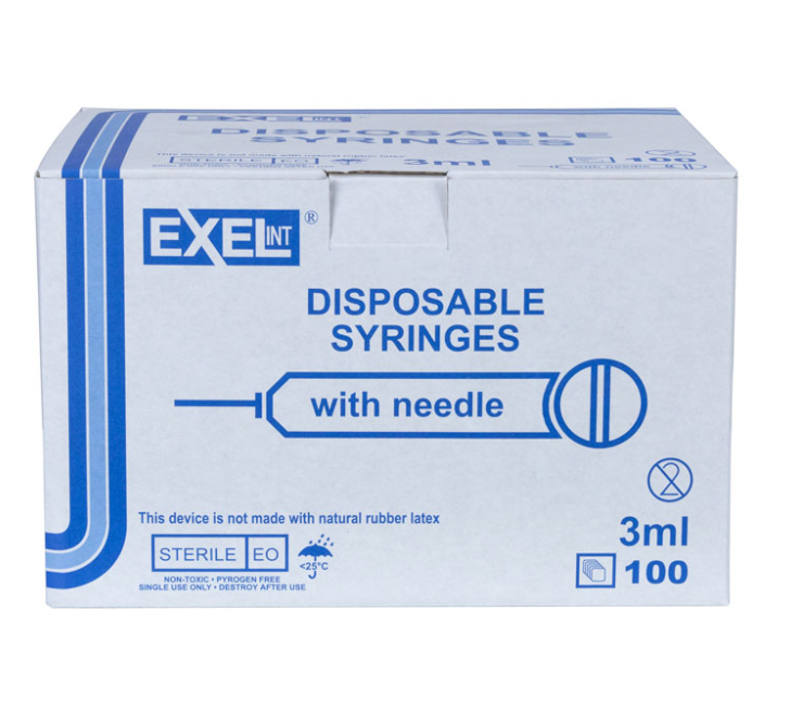 Exel 3ml (3cc) Syringe/Needle Combination Luer Lock Tip 20G x 1" (Box of 100)