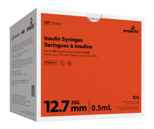 Embecta (formerly BD) Insulin Syringes 0.5cc (0.5mL) x 28G x 1/2" (Box of 100)