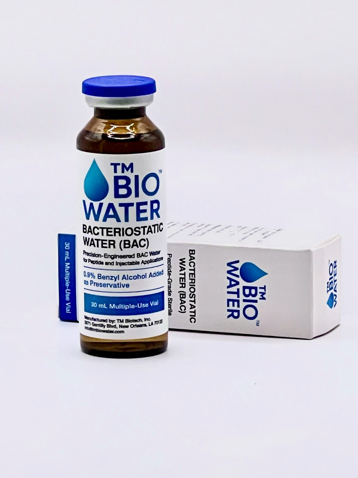 The SyringesNeedlesDepot TM BioWater™ - Bacteriostatic Water (BAC) 30mL glass vial comes in a box with a blue cap and is commonly used for peptide reconstitution and prescription injectable applications.