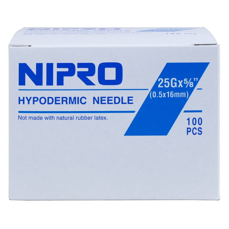 A box of Nipro 5cc (5ml) 25G x 5/8" Luer-Lock Syringe & Hypodermic Needle Combo (50 pack), also known as hypodermic needles.