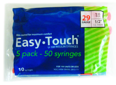 EasyTouch Insulin Syringes 1cc (1ml) x 29G X 1/2" - 5 bags (50 SYRINGES)