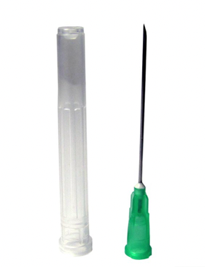 A Nipro plastic tube with a green tip, resembling a 5cc (5ml) 21G x 1" Luer-Lock Syringe & Hypodermic Needle Combo (50 pack) disposable syringe.