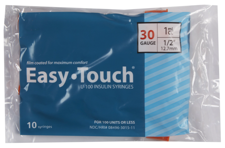 EasyTouch Insulin Syringes 1cc (1ml) x 30G x 1/2" -1 bag (10 SYRINGES)
