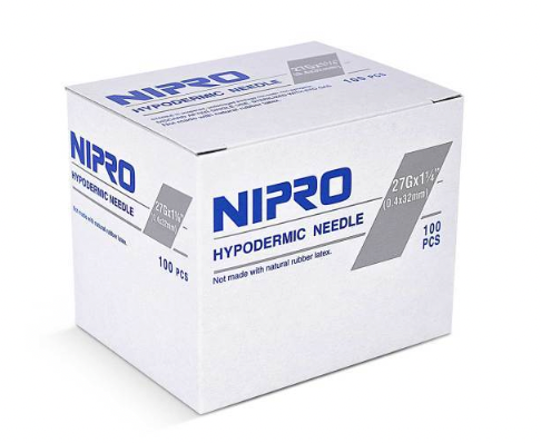 A box of Nipro 5cc (5ml) 27G x 1 1/4" Luer-Lock Syringe & Hypodermic Needle Combo (50 pack) on a white background.