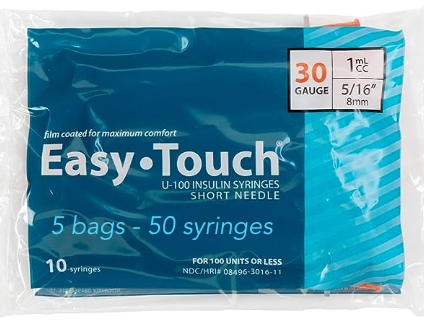 EasyTouch Insulin Syringes 1cc (1ml) x 30G x 5/16" - 5 bags (50 SYRINGES)