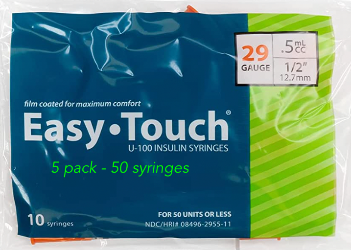 EasyTouch Insulin Syringes 0.5cc (0.5ml) x 29G x 1/2" - 5 bags (50 SYRINGES)