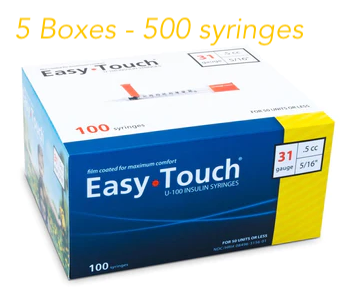 EasyTouch Insulin Syringes 0.5cc (0.5ml) x 31G x 5/16" - 5 BOXES (500 SYRINGES)
