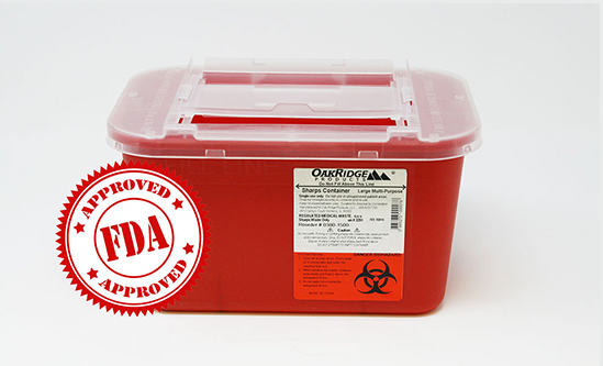 A stackable red Sharps Container - 1 Gallon (4 Quarts) with an NDC logo on it, equipped with OSHA-compliant safety features.