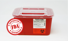A stackable red Sharps Container - 1 Gallon (4 Quarts) with an NDC logo on it, equipped with OSHA-compliant safety features.