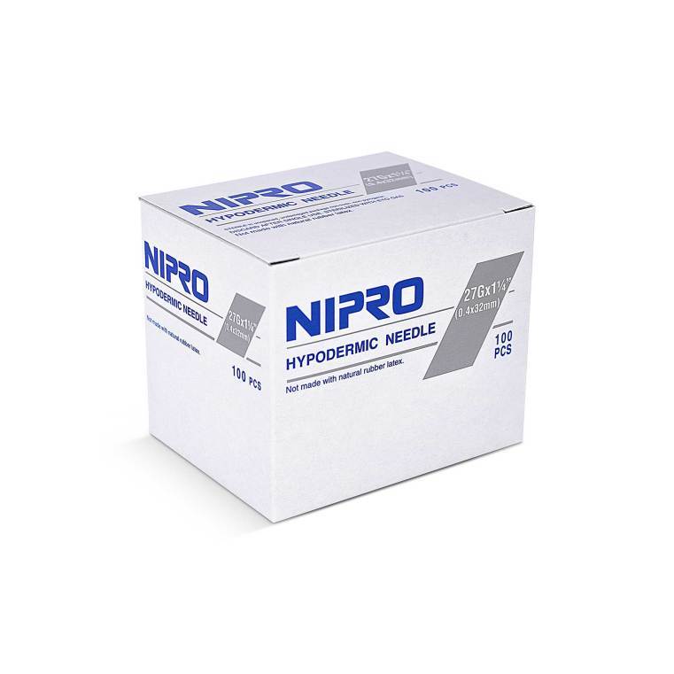 A box of Nipro Hypodermic Needle 27G x 1 1/4" (50 Pack) on a white background.