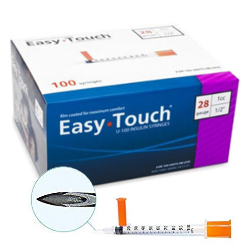 MHC EasyTouch Insulin Syringes 1cc (1ml) x 28G x 1/2" - 5 bags (50 SYRINGES) with needle and box.