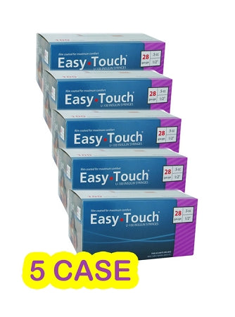 5 cases of MHC EasyTouch Insulin Syringes 0.5cc (0.5ml) x 28G x 1/2" - 5 BOXES (500 SYRINGES) for comfortable injections.