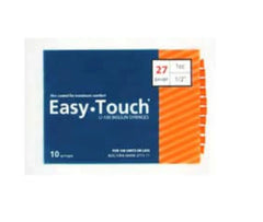 A package of EasyTouch Insulin Syringes 1cc (1ml) x 27G x 1/2" - 1 bag (10 SYRINGES), designed for comfortable injection.