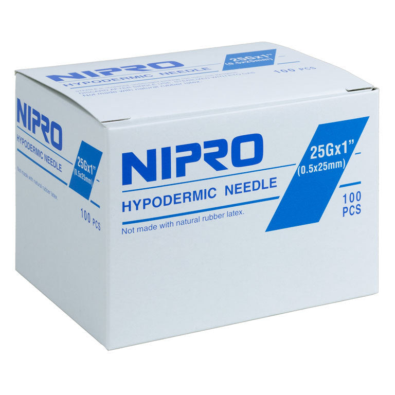 A box of Nipro sterile hydrophilic Hypodermic Needle 25G x 1" (50 Pack).