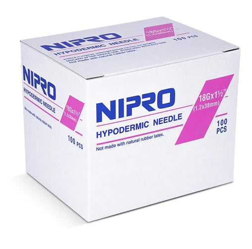 A box of Nipro Hypodermic Needle 18G x 1 1/2" (50 Pack).