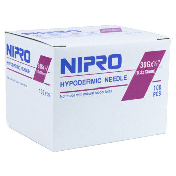 A box of Nipro Hypodermic Needle 30G x 1/2" (50 pack).