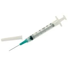 A Healthy-Kin.com BD 3cc (3ml) 23G x 1" Luer-Lok Syringe & Hypodermic Needle Combo (10 pack) with a luer lock on a white background.