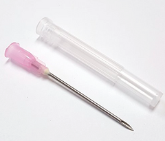 A plastic tube with a pink needle in it, also known as a Nipro 10cc (10ml) 18G x 1" Luer-Lock Syringe and Hypodermic Needle Combo (25 pack), is commonly associated with Nipro Dispensed products.