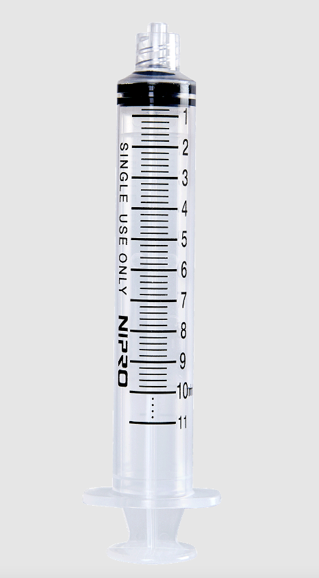 A Nipro 10cc (10ml) 18G x 1" Luer-Lock Syringe and Hypodermic Needle Combo (25 pack) with a number on it.