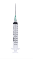 A Nipro 10cc (10ml) 21G x 1 1/2" Luer-Lock Syringe and Hypodermic Needle Combo (25 pack) equipped with a hypodermic needle for luer lock applications.