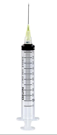 A Nipro sterile syringe with a 10cc (10ml) 20G x 1" Luer-Lock Syringe and Hypodermic Needle Combo (25 pack) attached, designed for single-use as a disposable syringe.