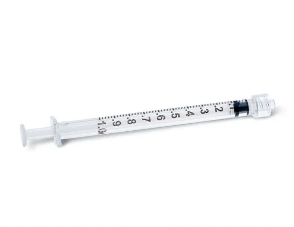 A Nipro 1cc (1ml) 21G x 1" LUER LOCK Syringe and Hypodermic Needle Combo (50 pack) attached to a luer lock syringe on a white background.