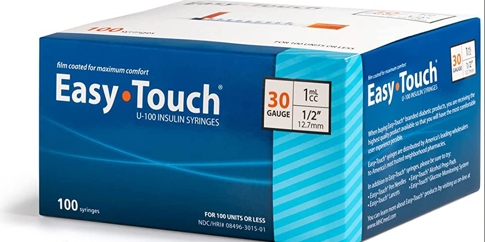 A box of MHC EasyTouch Insulin Syringes 1cc (1ml) x 30G x 1/2" -1 BOX (100 SYRINGES), on a white background.