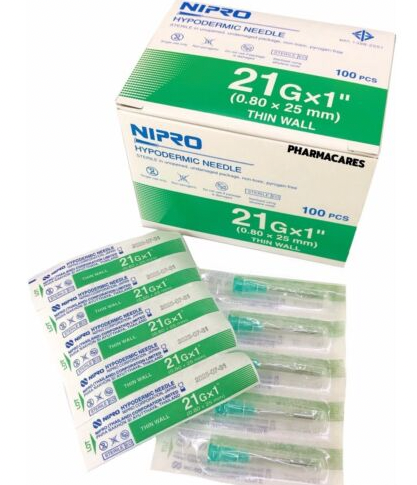 A box of Nipro 3cc (3ml) 21G x 1" Luer-Lock Syringe & Hypodermic Needle Combo (50 pack), including luer lock syringes and disposable syringe.