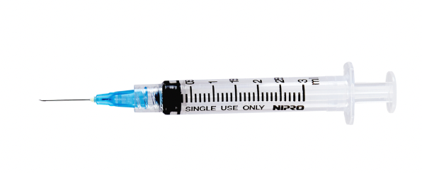 A Nipro 3cc (3ml) 25G x 1 1/2" Luer-Lock Syringe & Hypodermic Needle Combo (50 pack) with a blue luer lock.