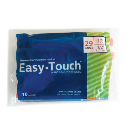 An MHC EasyTouch Insulin Syringes 1cc (1ml) x 29G x 1/2" - 1 bag (10 SYRINGES) package on a white background.