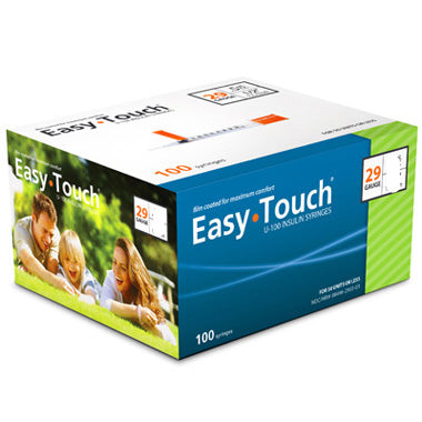 A box of MHC EasyTouch Insulin Syringes 1cc (1ml) x 29G x 1/2" - 1 BOX (100 SYRINGES) on a white background, providing comfortable injection with MHC EasyTouch Syringe.