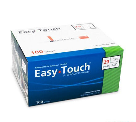A box of EasyTouch Insulin Syringes 0.5cc (0.5ml) x 29G x 1/2" by MHC for insulin injection on a white background.