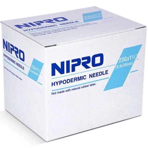 A box of Nipro Hypodermic Needle 23G x 1 1/2" (50 Pack) needles and syringes.