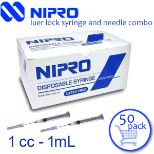 1cc (1ml) 27G x 1/2" LUER LOCK Syringe and Hypodermic Needle Combo (50 pack)